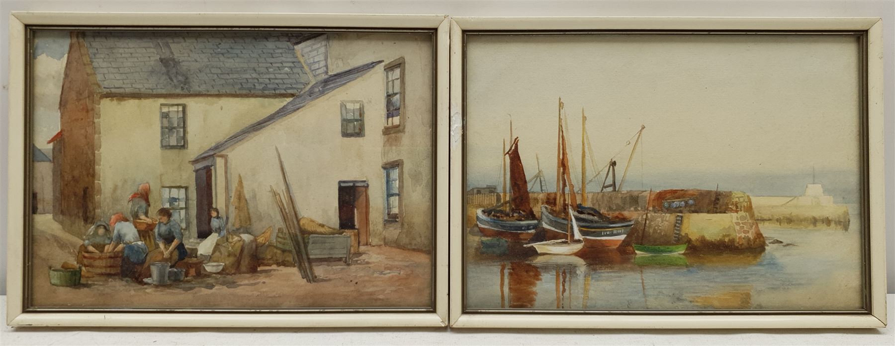 St Ives / Newlyn School (Early 20th century): The Washerwomen and Boats in Harbour, pair watercolours unsigned 17cm x 25cm