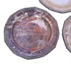 Set of three late 19th century Mappin Brothers silver plated plates, the pie crust rims with oblique gadrooned edge, each engraved with dragon armorial crest, D26cm