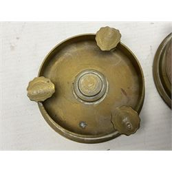 Four post-WW2 'silver' medallions of Adolf Hitler/German interest, two depicting Von Hindenburg also; and pair of 1960s trench art shell case bases as ashtrays mounted with Libyan Five Milliemes coins as cigarette rests (6)