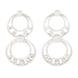 Pair of 9ct white gold diamond pendant earrings, each stud with two circular drops, set wi...