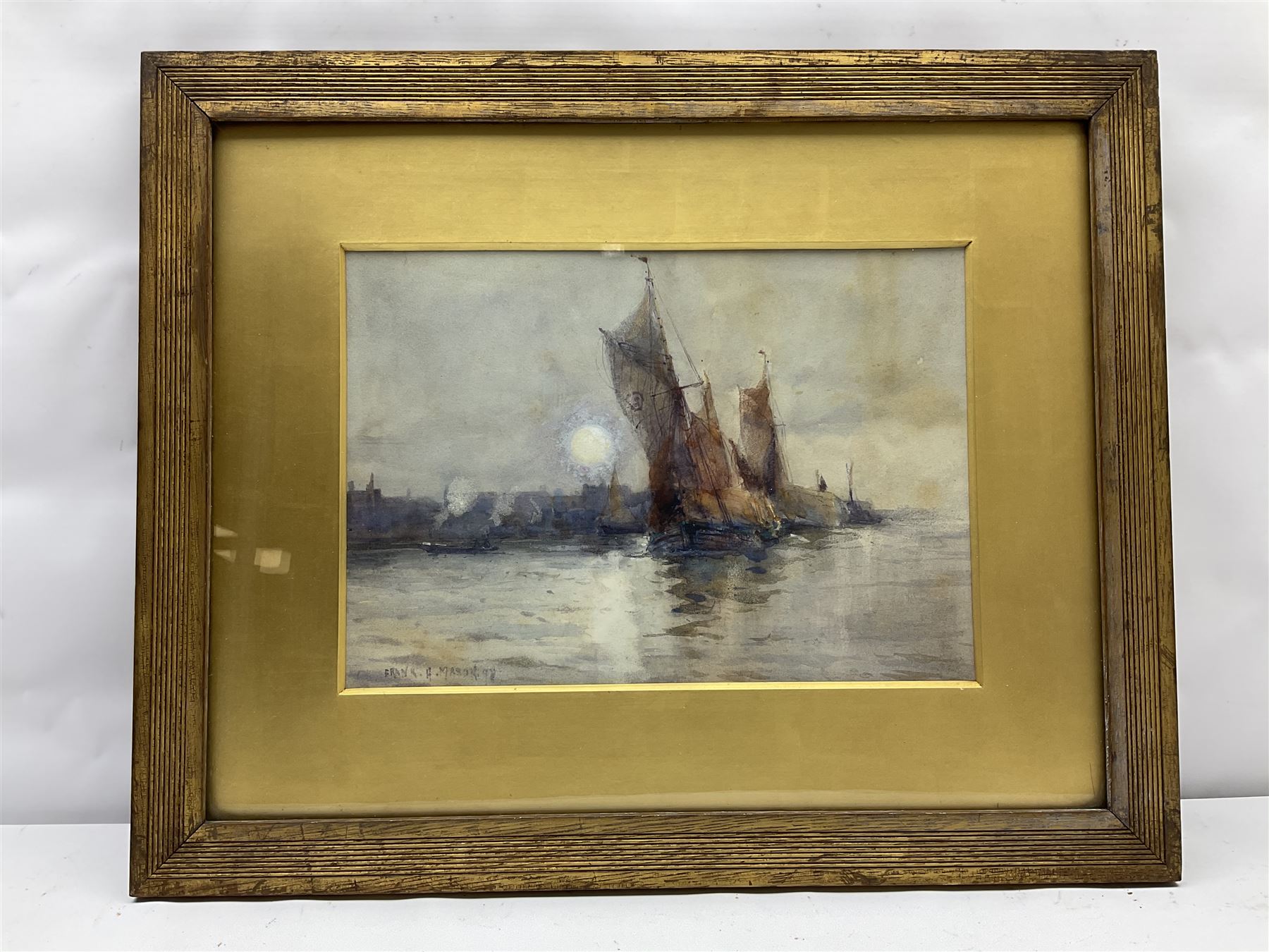 Frank Henry Mason (Staithes Group 1875-1965): Hay Barges at Sunset, watercolour signed and dated '98, 23cm x 34cm