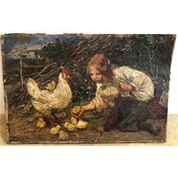  Dame Laura Knight (Staithes Group 1877-1970): Children with Hen and Chicks, oil on canvas laid on board signed and dated 1904, 16cm x 24cm  DDS - Artist's resale rights may apply to this lot  
