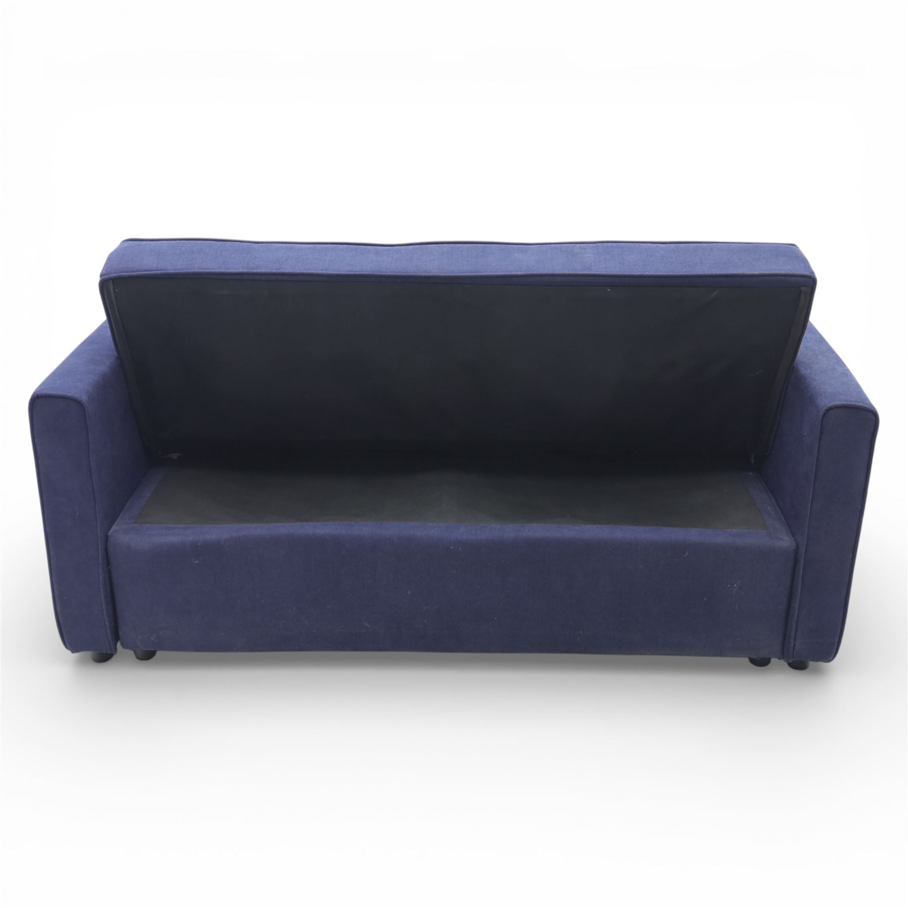 Modern two seat sofa bed upholstered in navy fabric, the rectangular back and seat divided into stitched square panels, with integrated button detailing, straight padded arms of square section, the seat back lowering and extending drawer base to form a sleeping platform