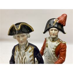 Two Napoleonic Dresden figures, comprising Admiral 1757 example donning blue coat and sword to his side with gilding throughout, together with a drummer, tallest H27cm