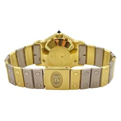 Cartier Santos ladies 18ct white and yellow gold automatic wristwatch, hexagonal case, white dial with date aperture and sapphire crown, on 18ct gold bracelet, hallmarked, with gold-over clasp, with red pouch