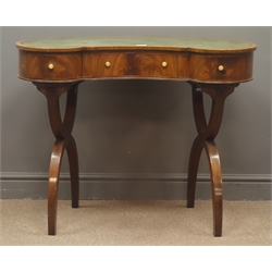  Reproduction Regency style kidney shaped inlaid mahogany desk, single drawers, 'X' framed supports, W95cm, H74cm, D60cm  