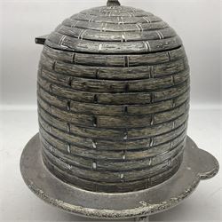 Early 20th century silver plated biscuit barrel by Martin Hall & Co, of beehive form, with cast floral finial, upon shaped bark effect platform, with impressed mark beneath, H26.5cm