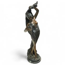 Giorgio Ceragioli (Italian 1861-1947): 'Danza Del Flori' -The Flower Dancer, large patinated bronze figure of a female dancer draped in a flowing garment and holding a rose, on a circular naturalistic floral base, on a marble plinth, signed and dated 1910, titled to the front, H140cm