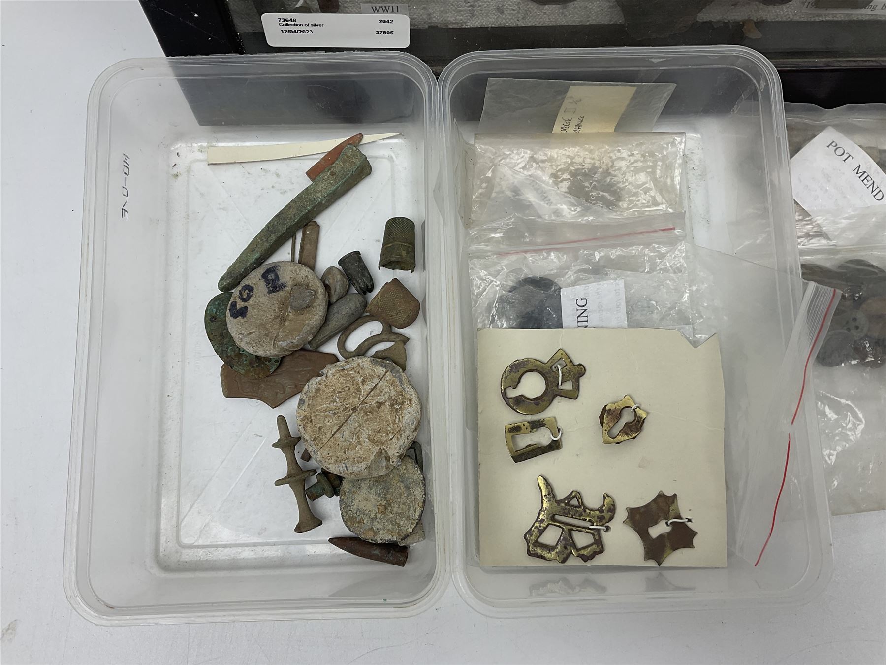 Collection of metal detector finds, to include Neolithic, Roman, medieval  specimens, musket balls, book bindings, tokens, shrapnel etc, 