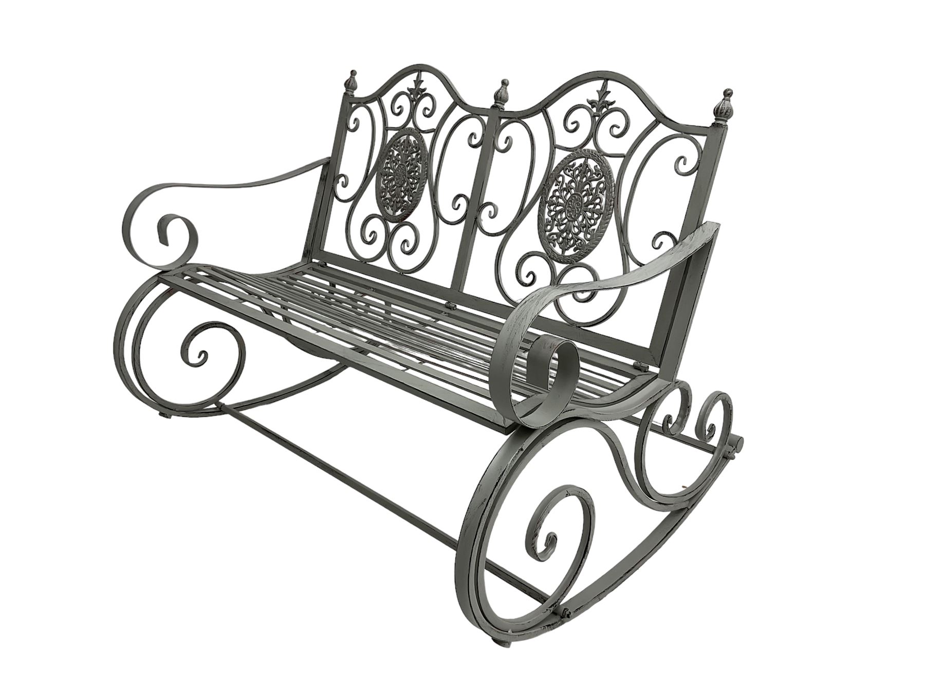 Regency design wrought metal rocking garden two seat, pierced back with scroll design over strap seat, with C-scroll back supports, in antique grey finish
