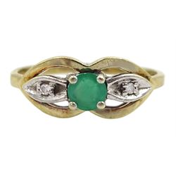 9ct gold round emerald and diamond ring, with pierced setting, Birmingham import mark 1980