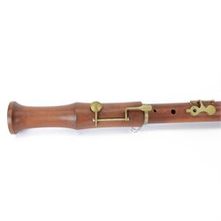 Replica Renaissance Bass recorder in Pearwood, authentic duct blown period instrument with two keys, possibly German.