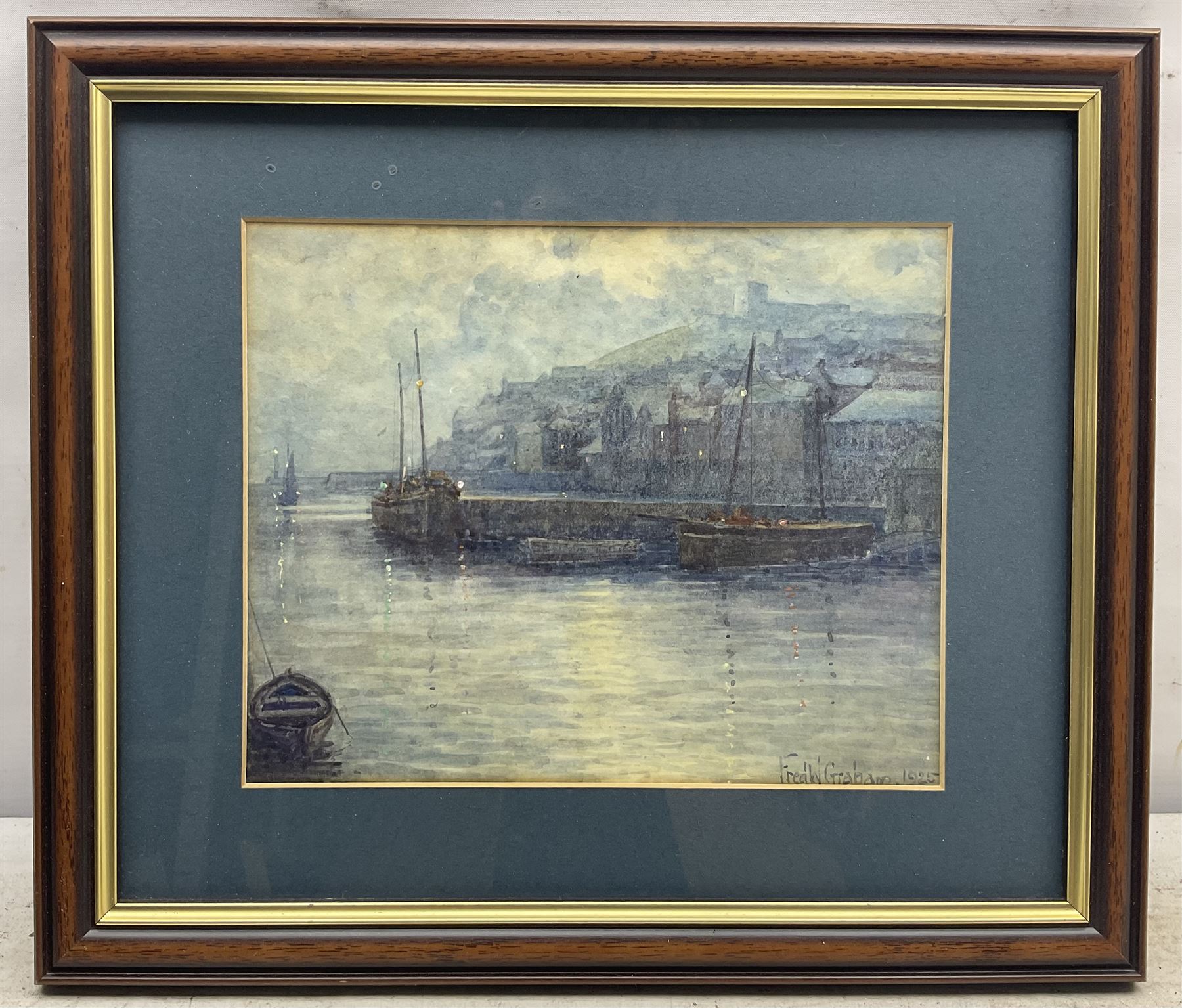 Fred W Graham (British early 20th century): Twilight Whitby Harbour, watercolour signed and dated 1925, 17cm x 21.5cm