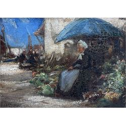 Mark Senior (Staithes Group 1864-1927): Elderly Lady outside a Fisherman's Cottage, oil on canvas signed 29cm x 40cm