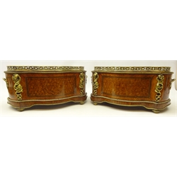  Pair late 19th/ early 20th century French kingwood two handled jardiniere's of serpentine form with cubed parquetry panels, four gilt metal mounts depicting a panther attacking a snake, below a pierced gallery, with removable tin liner on four toupie feet, L43cm x H20cm x D27cm. Provenance Property of Bob Heath, Brandesburton Formerly of Ravenfield Hall Farm near Rotherham  