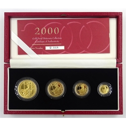 Queen Elizabeth II Royal Mint '2000 Gold Proof Britannia Collection' one ounce, half ounce, quarter ounce and tenth of an ounce, cased with certificate, number 523/750