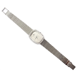  Baume & Mercier 18ct white gold manual wristwatch, bezel set with 32 diamonds and cabochon sapphire crown, on woven 18ct bracelet, purchased Boodle & Dunthorne   