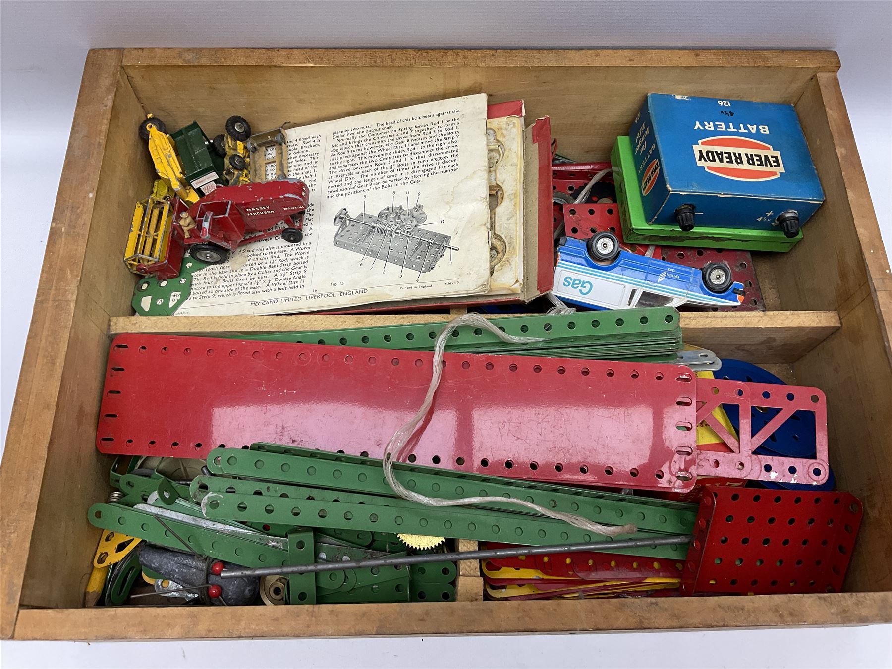 Mamod small stationary steam plant with circular saw bench and grinder mounted on long wooden board L107cm; and quantity of predominantly red/green Meccano in wooden box with die-cast models etc
