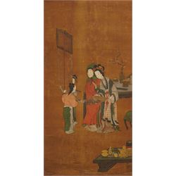 After Li Gonglin (Chinese 1049-1106): Court Ladies Examining a Scroll, 19th century hanging scroll, ink and pigments on silk with light brocade margins, bearing inscription, image size 101cm x 52cm 