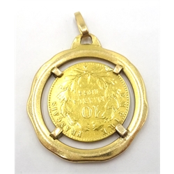 1866 gold ten franc coin, loose mounted in 9ct gold pendant, approx 7.4gm gross  