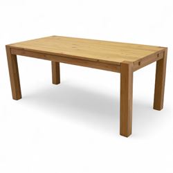 Modern oak dining table, rectangular form with detachable twin leaf extensions, supported on straight square-section legs (Extends to 280cm) 