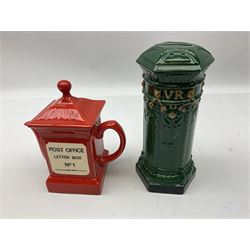 Collection of Post Box money boxes comprising ceramic, tin plate and plastic models, to include Crested Ware money boxes bearing motto ‘I Can’t Get a Letter From You So Send You The Box’ etc in three boxes