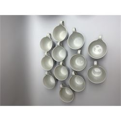 Royal Copenhagen tea and dinner service for twelve place settings, decorated in the Mega Blue Fluted pattern, pattern number 622, comprising dinner plates, salad plates, bowls with pierced rim, smaller bowls, tea cups, and saucers, dinner plates D27.5cm, salad plates D22cm