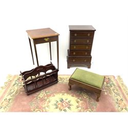 Small Georgian style mahogany chest on stand, magazine rack, table with drawer, stool and Chinese rug (5)