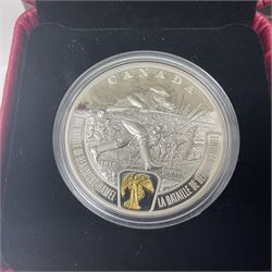 Eleven Royal Canadian Mint fine silver twenty dollar coins, including 2016 'A Royal Tour', 2017 'A Platinum Celebration', 2018 'A Nation's Mettle The Dieppe Raid', 2019 'Give Peace A Chance 50th Anniversary' etc, all cased with certificates