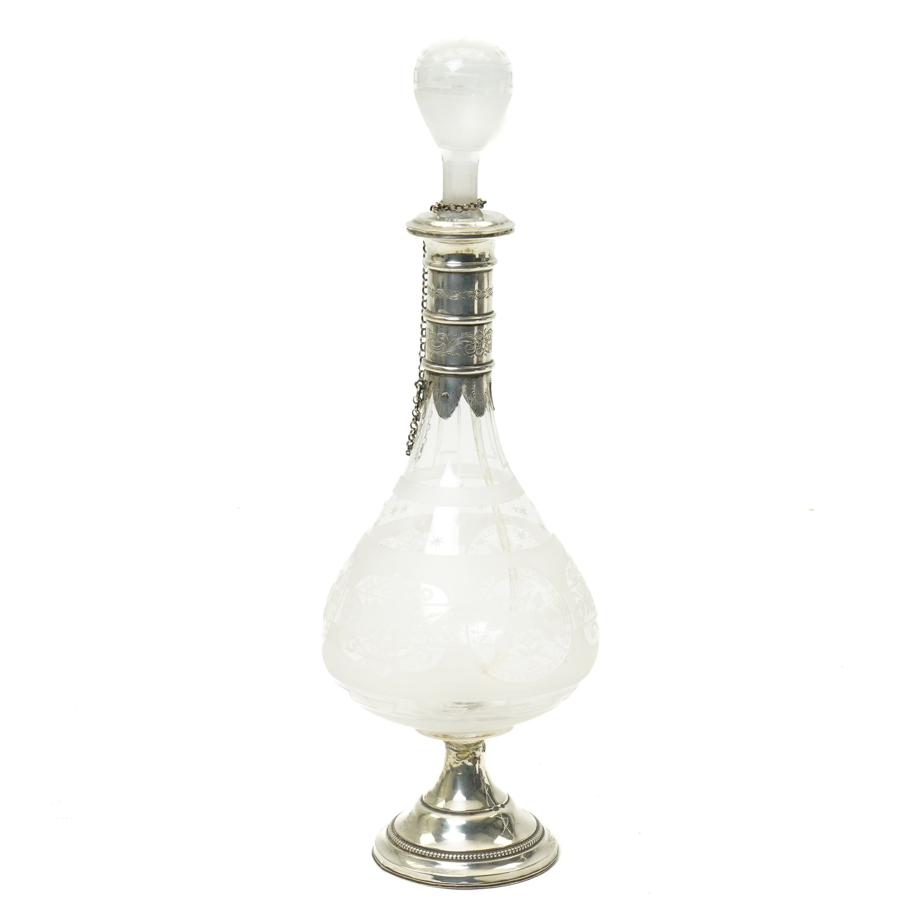 French glass decanter of baluster form with etched decoration and silver collar and foot H33cm