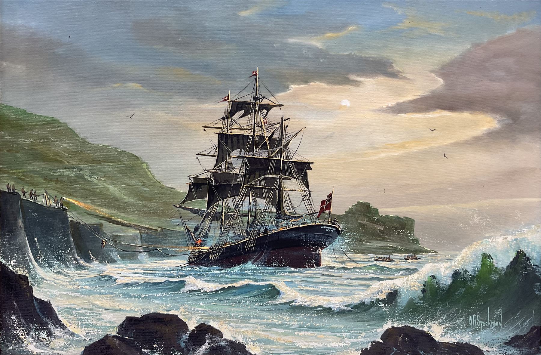 W H Stockman (20th century): Fully Rigged Ship 'Alexander Yeats' in a Cove, oil on canvas signed 50cm x 75cm 