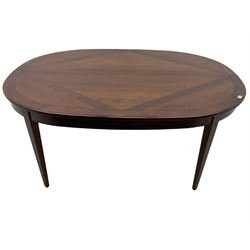 Grange Furniture - cherry wood finish oval extending dining table on square tapering supports, and a set of eight dining chairs with curved backs and upholstered seats 