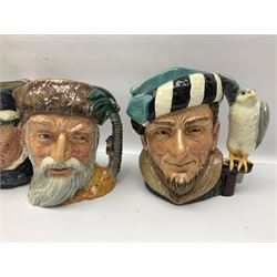Large collection of Royal Doulton character jugs, to include Robinson Crusoe D6532, Tam O Shanter D6632, The Falconer D6533 etc, together with similar charater jugs and toby jugs   
