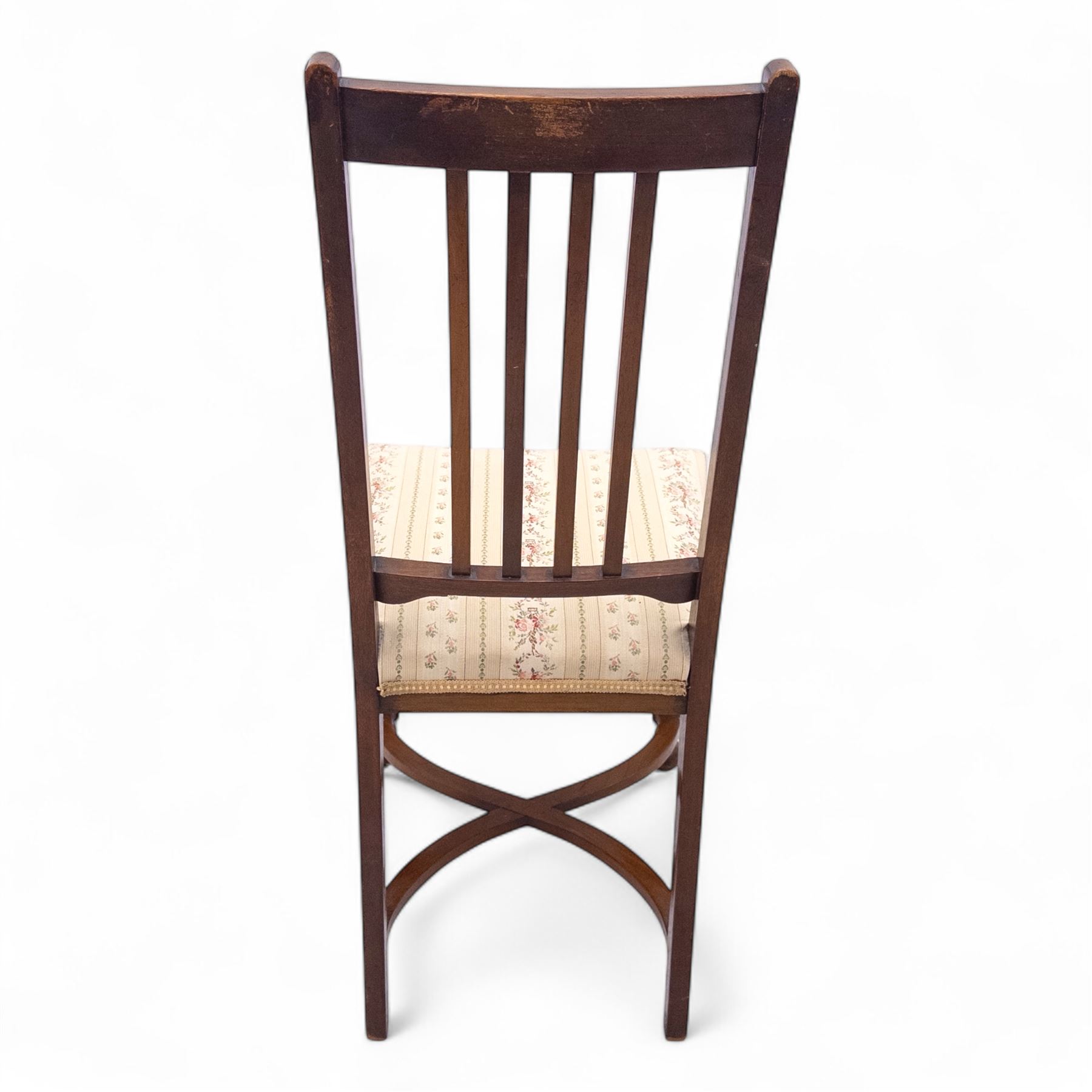 Living room items, comprising an 18th century design mahogany tray top table, the removable tray with shaped gallery, brass carrying handles and undertier stand, together with a French side chair with upholstered seat and X-stretcher base (Table H 74cm, W 54cm, D 36cm, chair H 94cm, W 41cm, D 42cm)