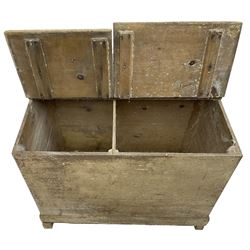 19th century pine double dough bin, two hinged comparments, on sledge feet