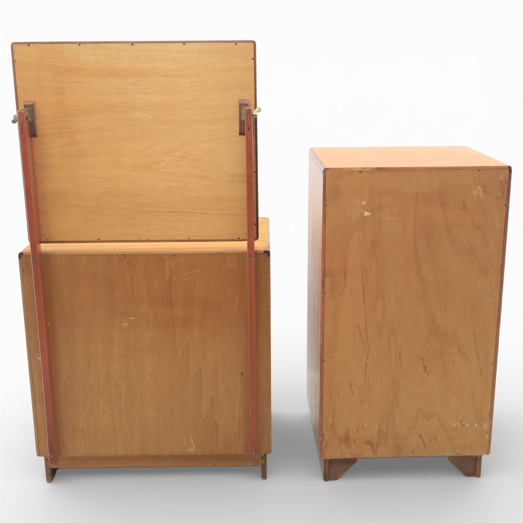 G Plan - 'Fresco' chest of drawers and mirrored dresser, chest of drawers with six drawers, dresser with four graduating drawers and swing mirror surrounded in teak, both raised on a recessed plinth base
Chest H 99cm, W 53cm, D 45cm
Dresser H 136cm, W 72cm, D 48cm