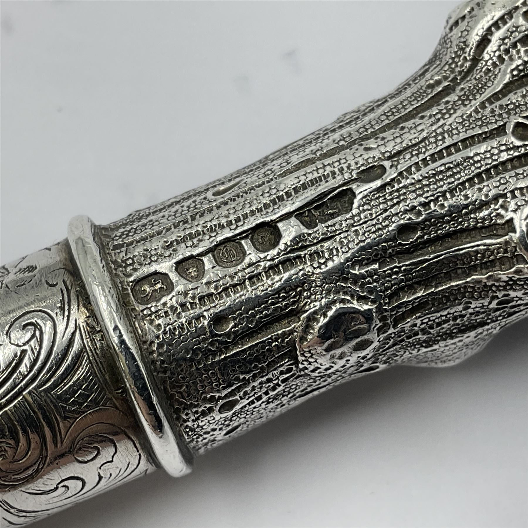Victorian silver walking cane handle, modelled as a panther upon a tree branch, hallmarked London 1851, maker's mark worn and indistict
