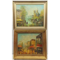 French School (20th century): Parisian Street Scenes, two oils on canvas, one signed Valtori, 39cm x 49cm and 38cm x 46cm (2)
