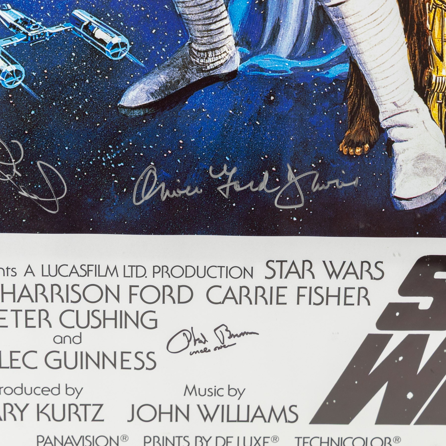 Limited edition multi-signed one sheet Star Wars poster, signed by Kenny Baker, Jerome Blake, Phil Brown, Jeremy Bulloch, Silas Carson, Mike Carter, Michaela Cottrell, Oliver Ford Davies, Mike Edmonds, Garrick Hagan and Michael Sheard, with certificate of authenticity form Collector Zone, framed, poster H90cm, W62cm