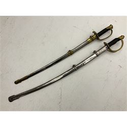 Reproduction American Civil War Cavalry trooper's sword, the 88cm slightly curving fullered steel blade marked to the ricasso 'Ames & Co Chicopee Mass.' and 'US ADK 1862'; brass hilt and leather covered grip; in steel scabbard L110cm overall;  and another reproduction sword (2)