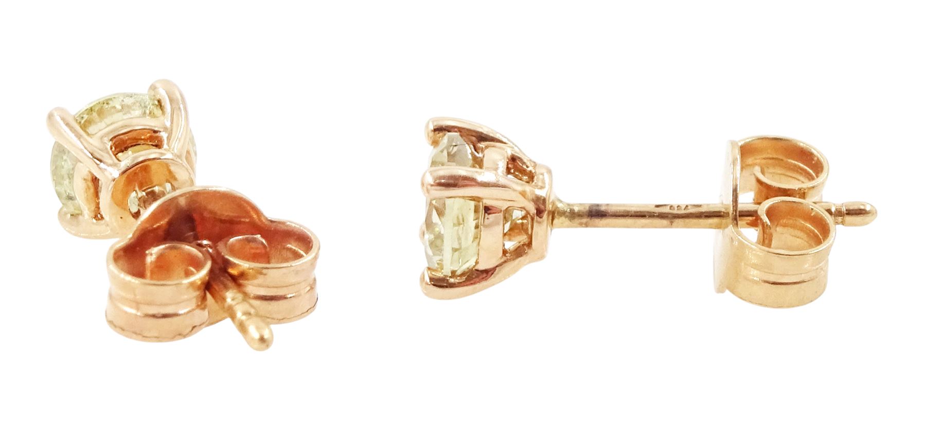 Pair of 18ct rose gold fancy yellow diamond earrings, each stud four claw set with a round brilliant cut diamond, stamped 750, total diamond weight approx 1.00 carat
