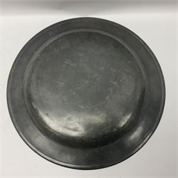 Group of seven 19th century pewter chargers, each of circular form with dished centre, two examples with touch marks verso, each approximately D39cm