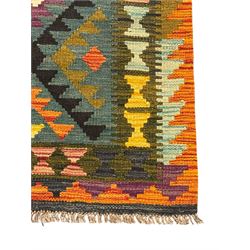 Afghan Maimana Kilim flatweave rug, teal ground with a vibrant multicoloured diamond lattice, framed by stylised border motifs and finished with fringed edges