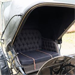 George IV Phaeton Carriage by Mills, Paddington, London

A George IV four wheeled phaeton carriage by Mills, Paddington, London, the hubs stamped accordingly, with black painted bodywork, folding black leather hood, upholstered passenger compartment and rear luggage platform. The carriage is fitted with wooden spoked wheels, yellow coachlining, leaf spring suspension, front mudguards, metal footrests and shafts for single horse use. In original condition by one of the best carriage builders of the day

Features

• Maker’s hubs marked Mills, Paddington, London
• Four wheeled phaeton carriage
• Black painted bodywork with fine yellow coachlining
• Folding black leather hood
• Button upholstered passenger seating
• Rear luggage platform with rail
• Wooden spoked wheels with rubber tyres
• Leaf spring suspension
• Shafts for single horse use
• Front mudguards and metal footrests
• Fitted with a side mounted ratchet hand brake operating on the rear wheel


Dimensions:
Overall length: 305 cm
Width: 160 cm
Height: 213 cm

Wheel Diameters:
Front wheels: 77 cm
Rear wheels: 107 cm

Seating:
Driving seats: 1
Passenger seats: 2