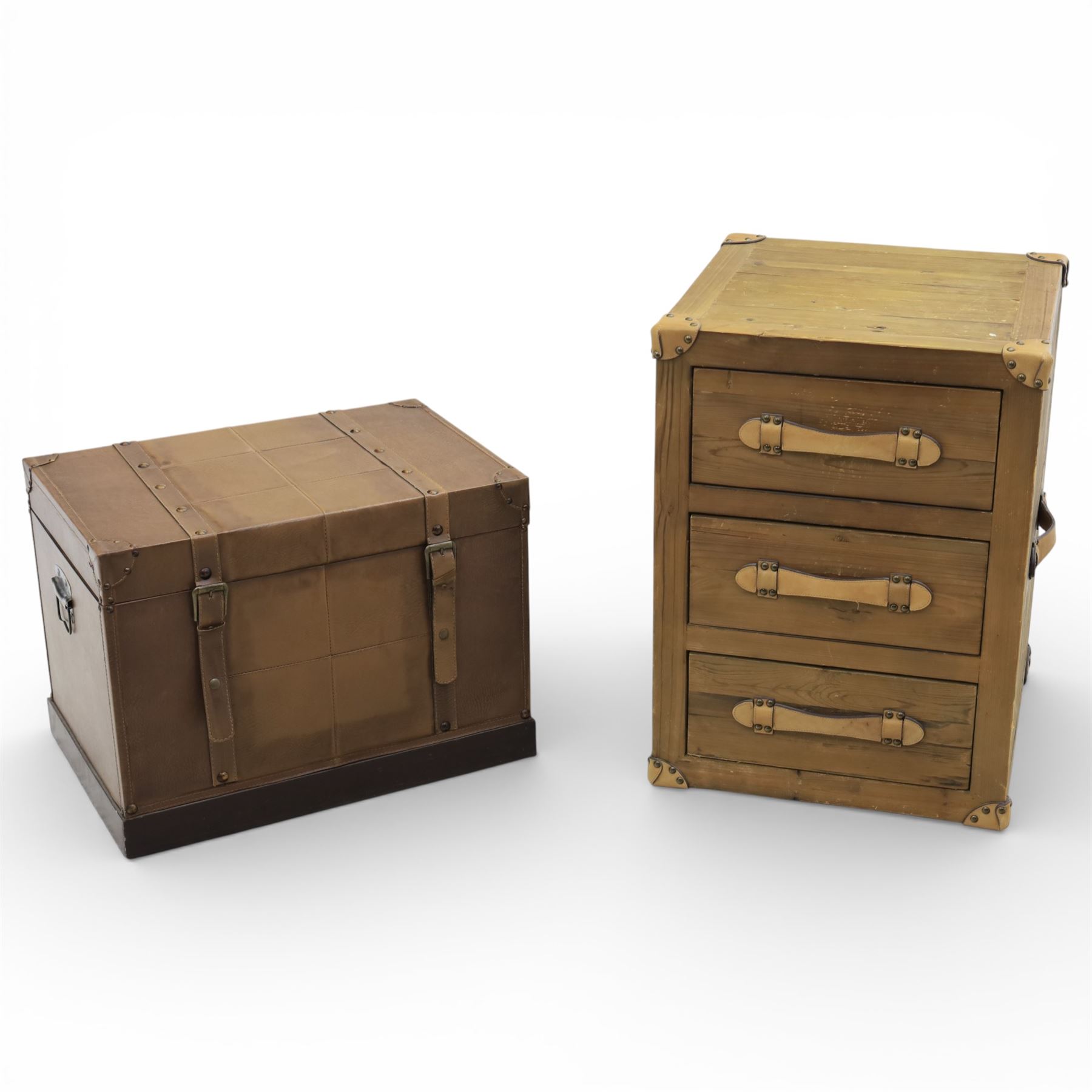 Contemporary leather trunk with handles and bedside table of similar design, three drawers with leather strap handles and leather corners Trunk: H 45cm, D 40cm, W 61cm Bedside table: H 69cm, D 51cm, W 52cm