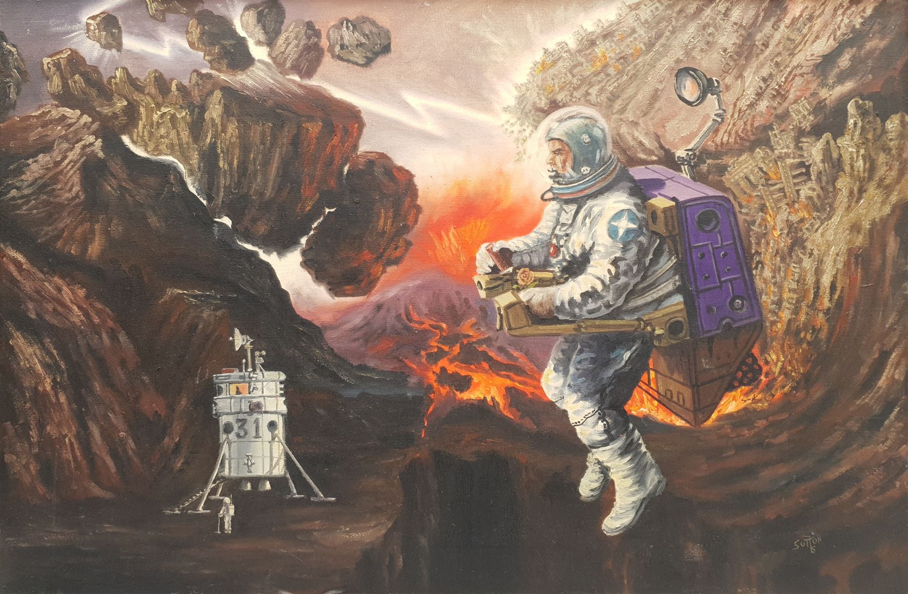 Keith Sutton (British 1924-1991): 'The Rose' - Spacemen Returning to a Devastated Earth and Finding a Single Rose, oil on canvas signed 50cm x 76cm