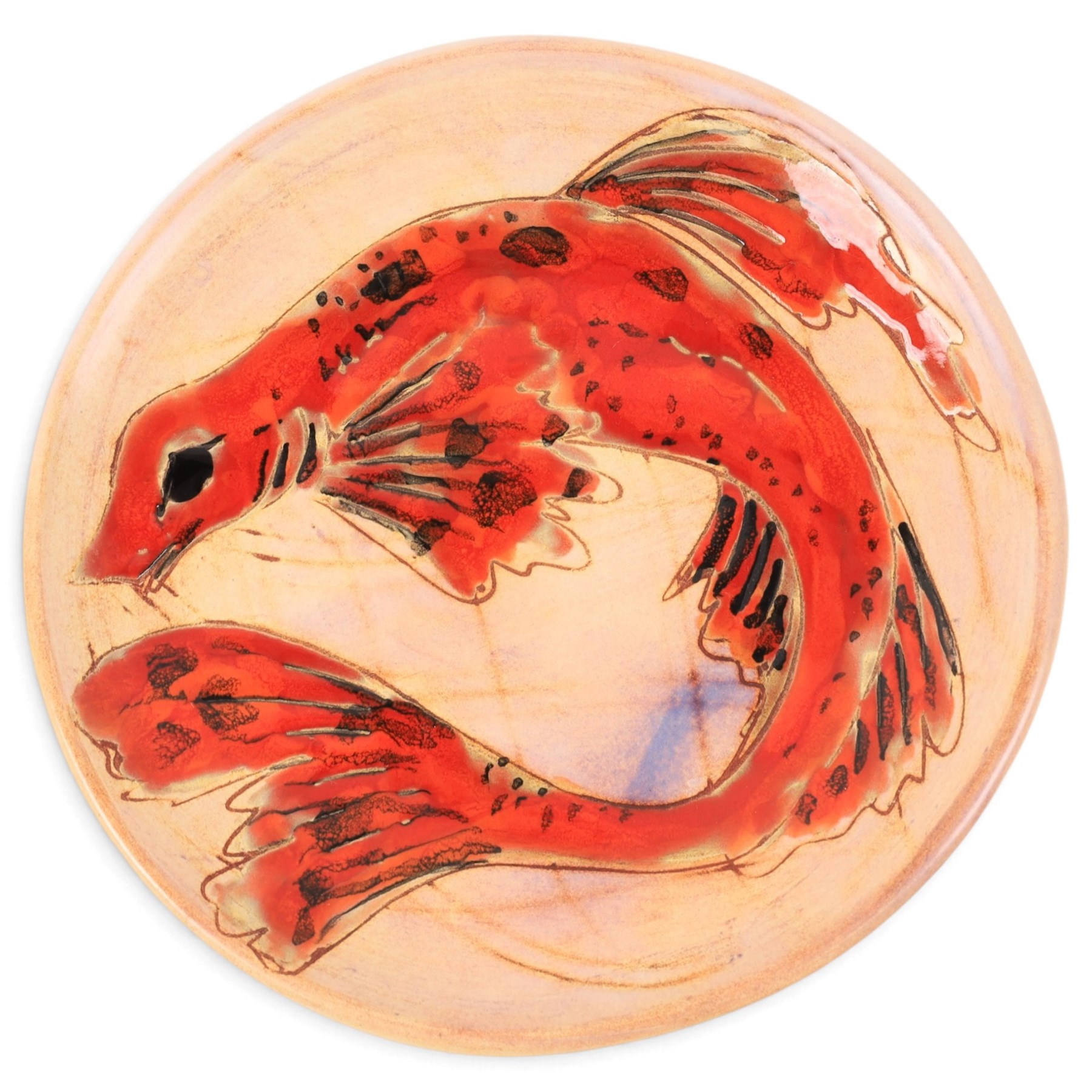 Monique Brunner - earthenware plates, decorated with fish and shellfish, upon a pink and cream ground, signed Vallauris beneath, six D20cm, one D24cm  