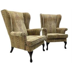 Parker Knoll - 'Burghley' pair of wingback armchairs, upholstered in 'Baslow Medallion' gold floral pattern fabric