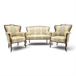 Edwardian mahogany three-piece salon suite, comprising settee and two armchairs, shaped fr...