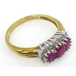 9ct gold three stone ruby and diamond cluster ring hallmarked  